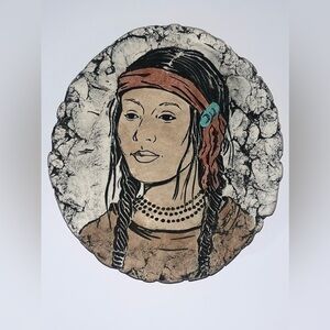 Shapes of Clay Stan Langtwait Indian Woman Stone W/ Mt. St Helens Ash Rock 7”x8”